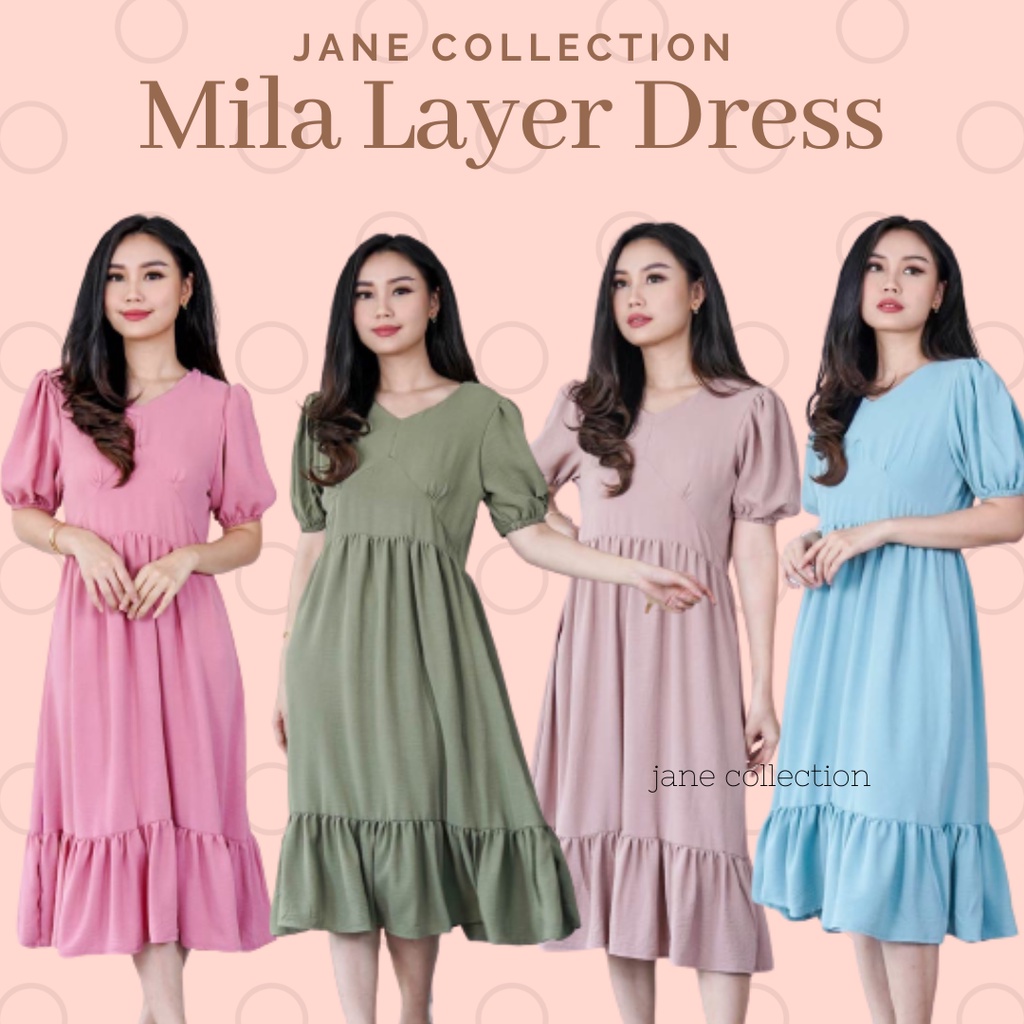 JANE COLLECTION || Midi Dress Wanita Hitam Lengan Balon Ada Karet Panjang Selutut V Neck XL Mila Layer Dress Putih Sage Green Biru Pink