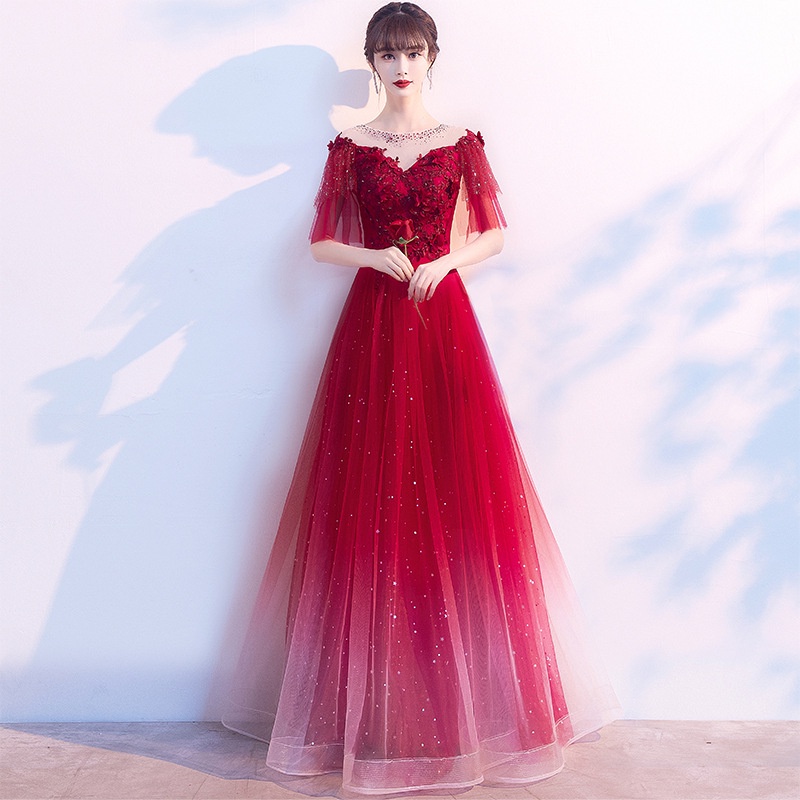 Ready Dress Gaun Pesta 【JUMBO 8XL】Pengantin Wanita Merah Anggur  Lengan Panjang Gradien Gaun Pesta Pernikahan