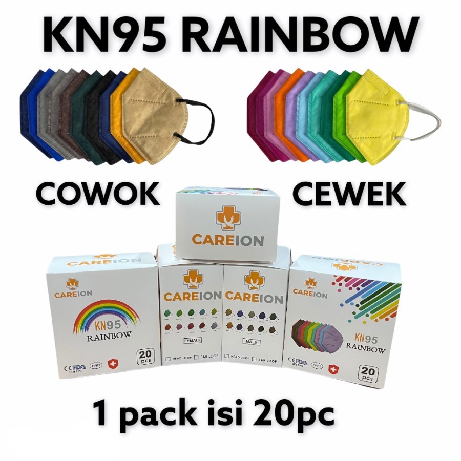 Masker WARNA WARNI KN95 CAREION Masker Pelangi Masker KN 95 Rainbow  - KN95 RAINBOW cewek/cowok