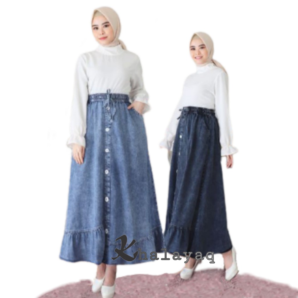 Rok jeans panjang/Rok Jeans Kancing Depan / Rok Rempel