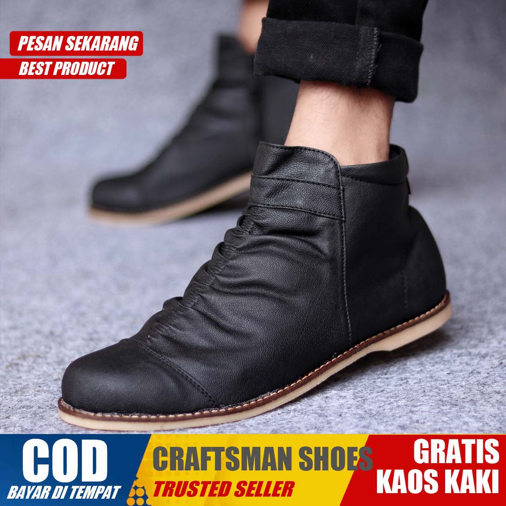 CRAFTS X ZIPPER  Sepatu Kasual Pria Kantor Loafers Fashion Hitam Kulit Syntetic Asli Buatan Tangan