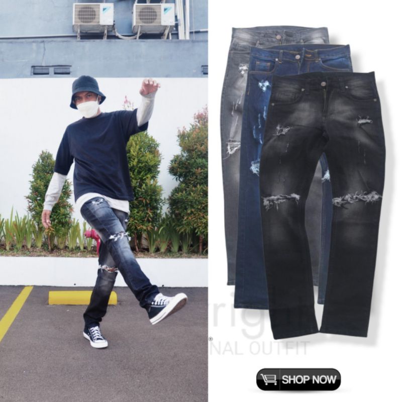 CELANA JEANS PANJANG SOBEK PRIA, CELANA RIPPED JEANS DESTROY COWOK, CELANA JEANS COWOK HITAM BIRU AB