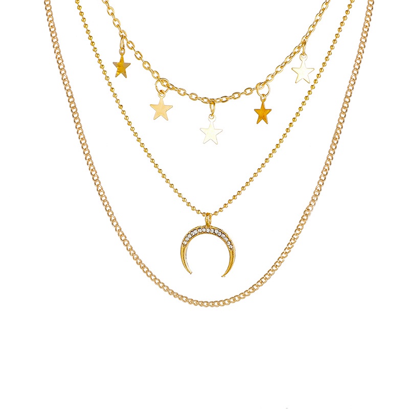 【MHANG】New Five-pointed Star Crescent Pendant Necklace Personalized Light Luxury Multi-layer Ladies Clavicle Chain Fashion Xingyue Niche Ladies Accessories