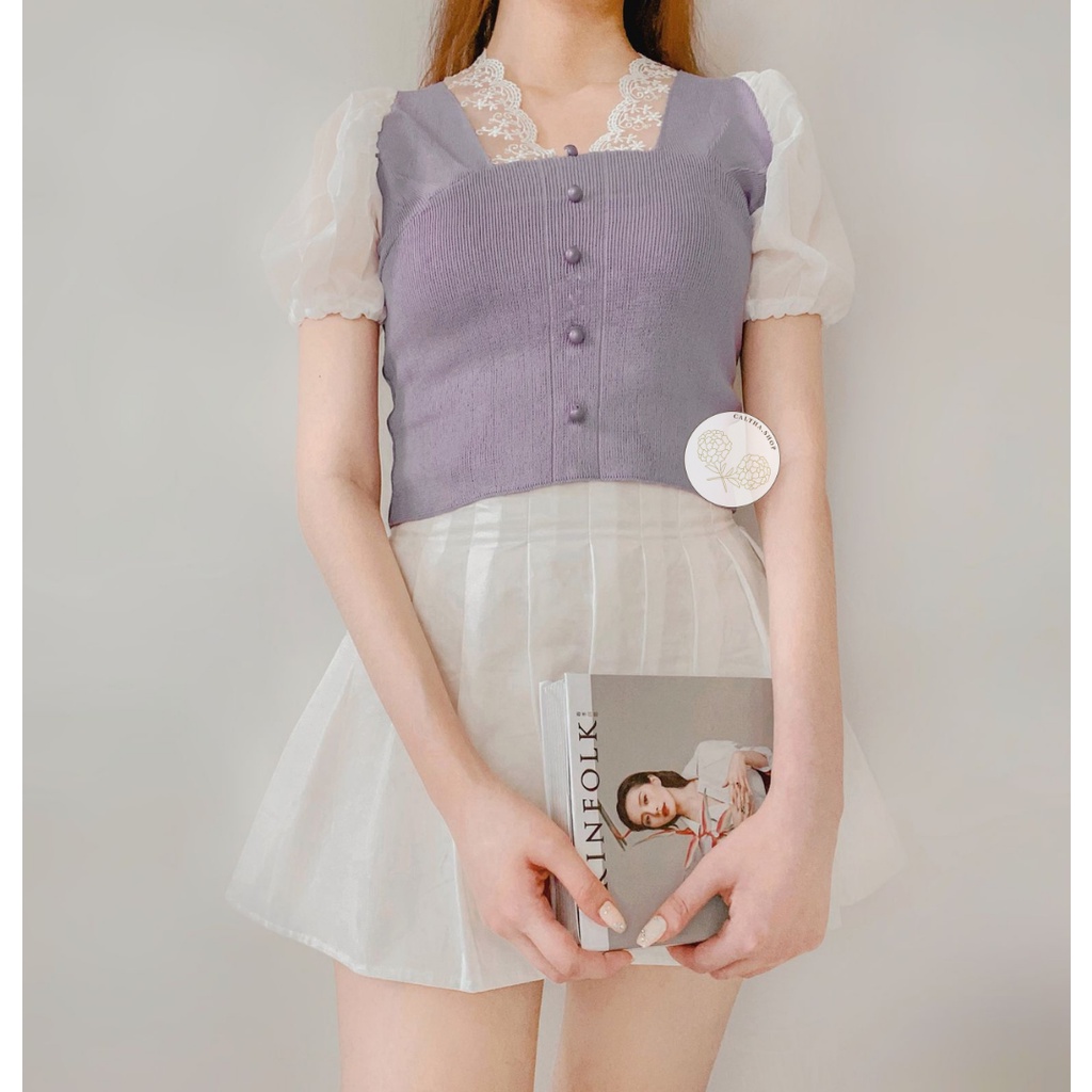 Blouse Korea Haewon Top Lengan Balon Lilac/Black