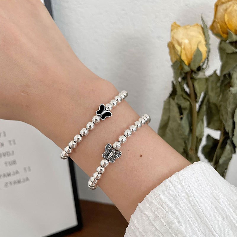 3pcs / Set Gelang Rantai Manik-Manik Model Butterfly Heart Warna Silver Gaya Korea Untuk Wanita