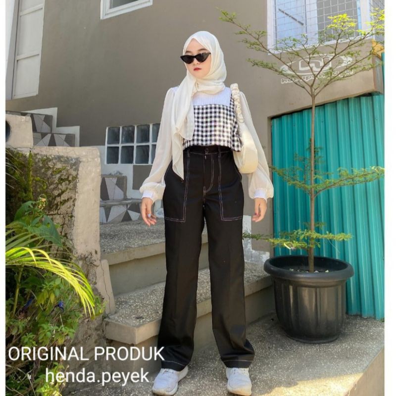 CELANA AMBER CHINO PANTS | CELANA CARGO LIST BLACK M -- XXXL | CELANA WANITA BAGGY KULOT KOREAN UNIS