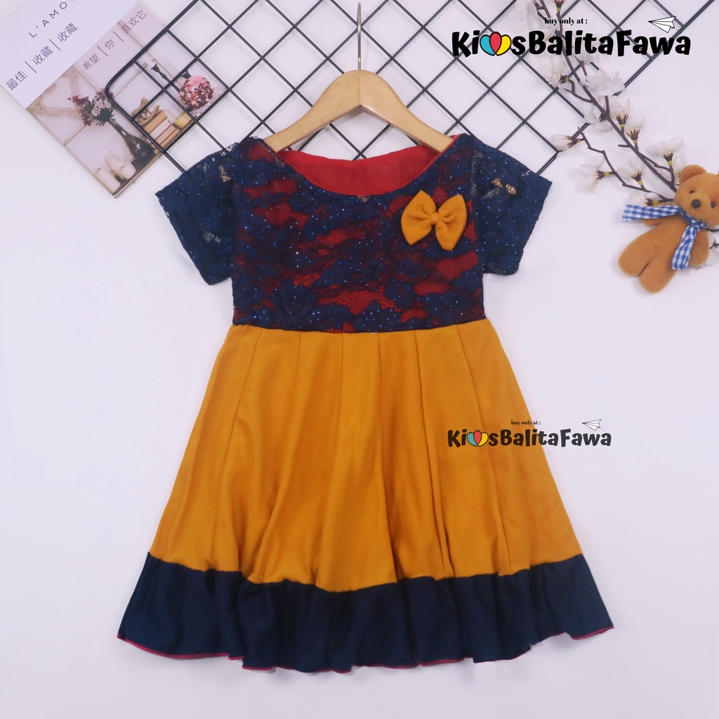 Dress Yuki uk 1-4 Tahun / Dres Kombi Brukat Lengan Anak Perempuan Baju Gaun Pesta