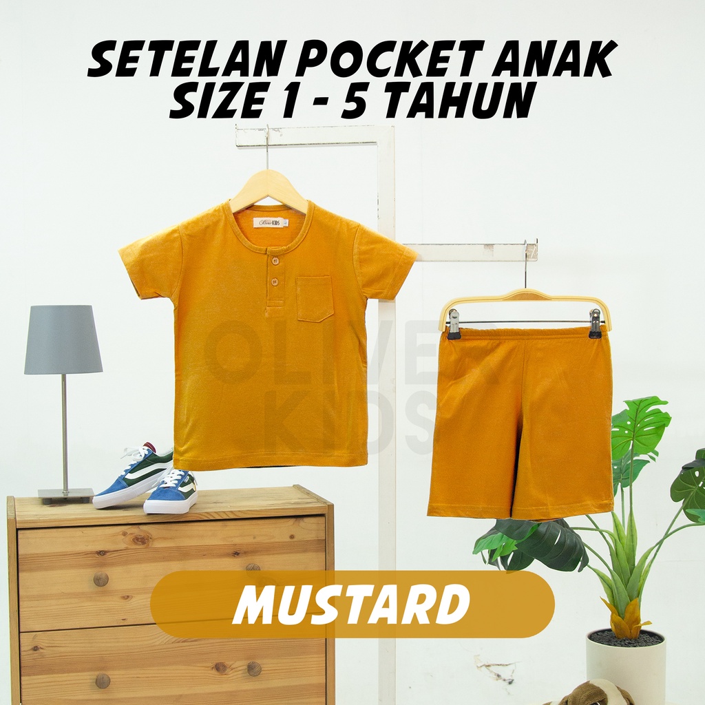 OliverKids Setelan Anak 1-5 Tahun Setelan Kiano Pocket Anak Celana Jogger Dan Baju Anak Polos Katun Combed One Set Henley Tee Setelan Pantai Anak-pocket mustard