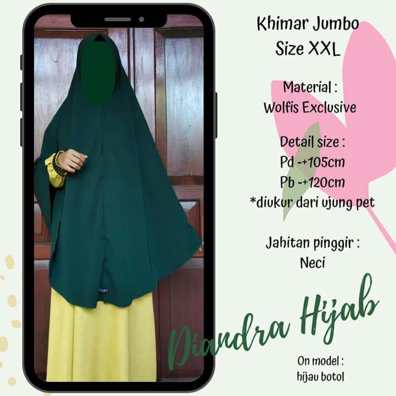 (DIANDRA HIJAB)Jilbab Bergo Instan XXL Pet Kerudung Wolfis Khimar Jumbo Syari Dewasa
