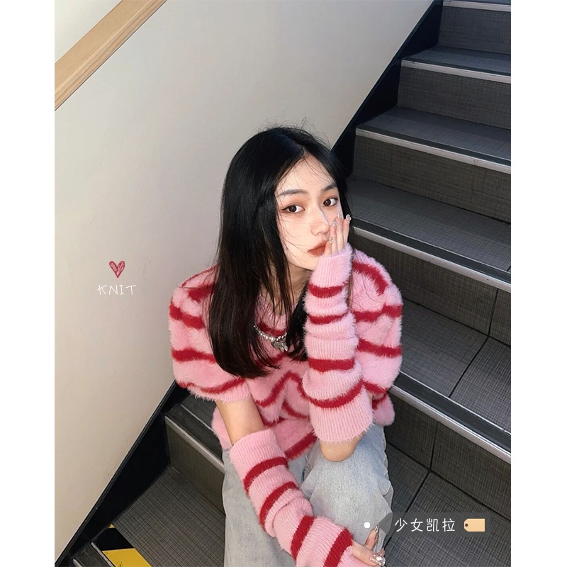 NICO##SWEETER RAJUT WANITA/BAJU RAJUT WANITA LENGAN PENDEK/SETELAN ATASAN LONGGAR LENGAN PENDEK WANITA SWEATER RAJUT BERGARIS PINK LEMBUT