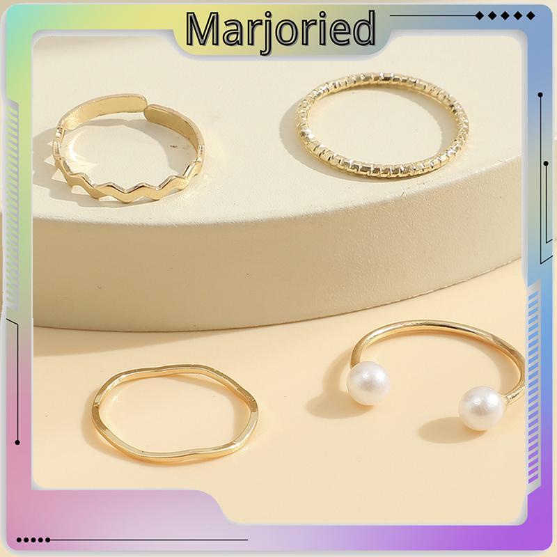 4 Pcs/set Korea Cincin Emas Untuk Wanita Sederhana Mutiara Elegan Cincin Set Dapat Disesuaikan Terbuka Perhiasan Hadiah-MJD