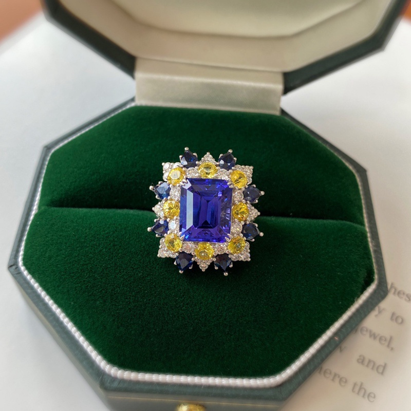 Cincin Bentuk Persegi Geometri Aksen Cubic Zirconia Warna Biru Gaya Eropa Amerika Untuk Wanita