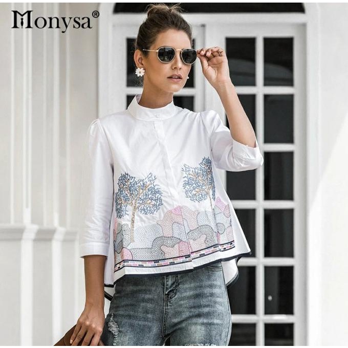 Fashion Baju Atasan Blouse Wanita Bordir bahan Katun Bangkok Import