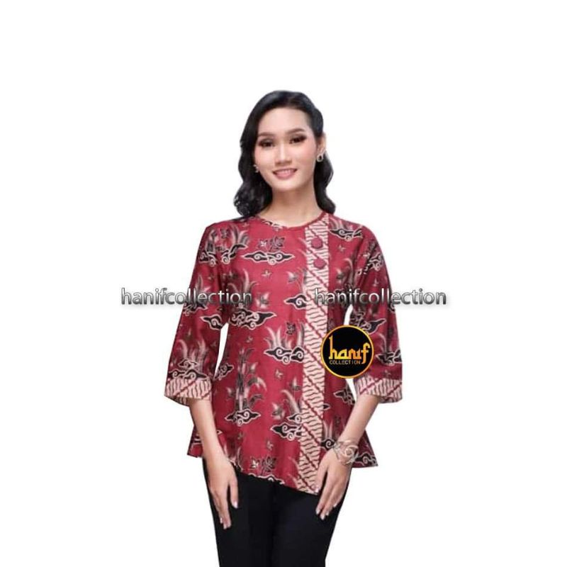 Baju Atasan Blus Kerja Wanita Batik Amora Merah