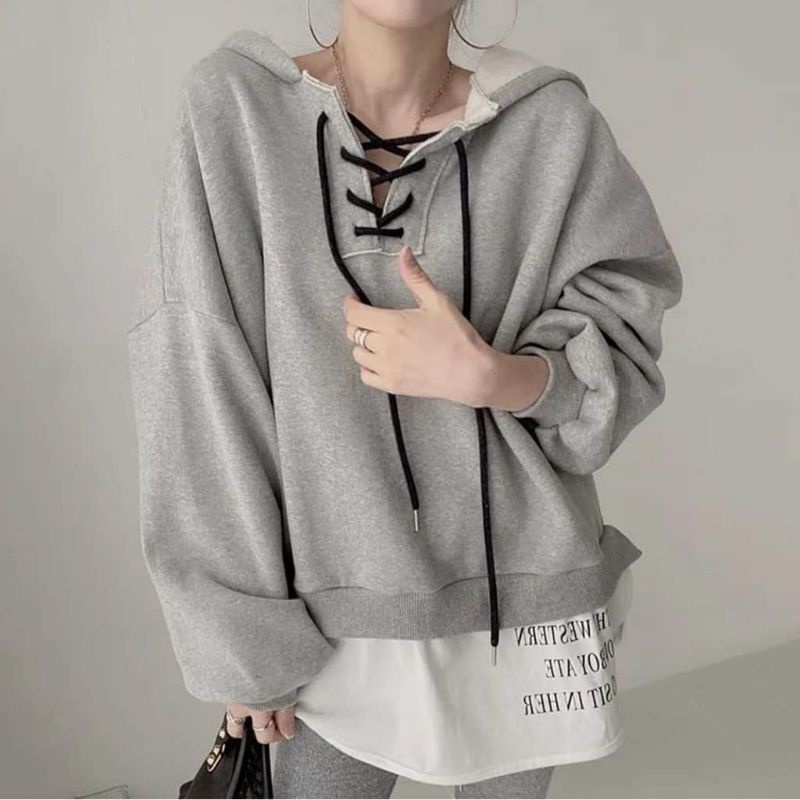 Cross rope sweater hoddie outerwear korean style fashion remaja wanita