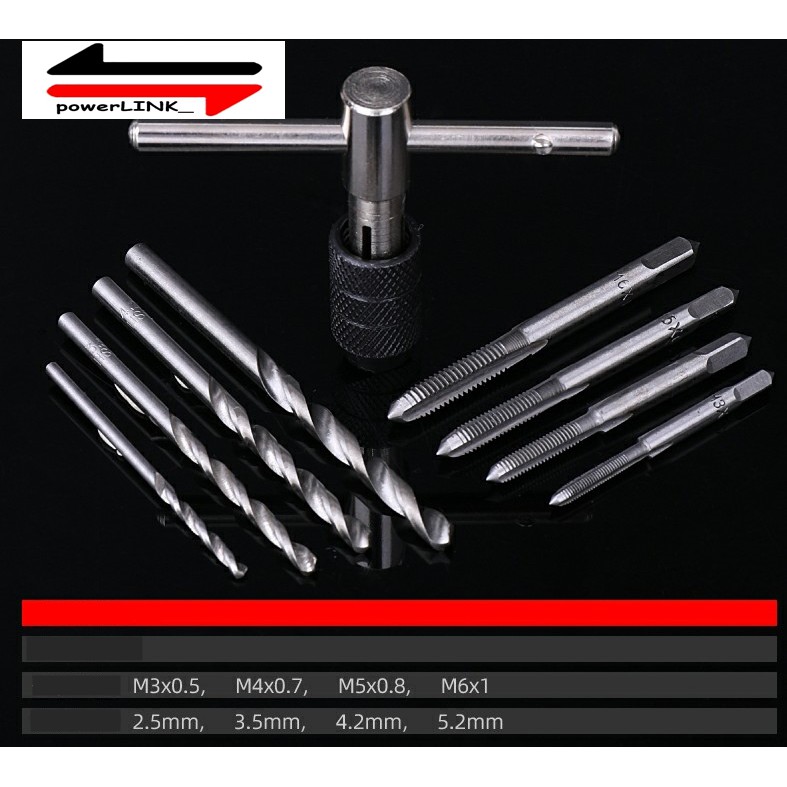 Hand Tap Set 9pcs - Screw M3-M6 Wrench Holder - Reversible Taps