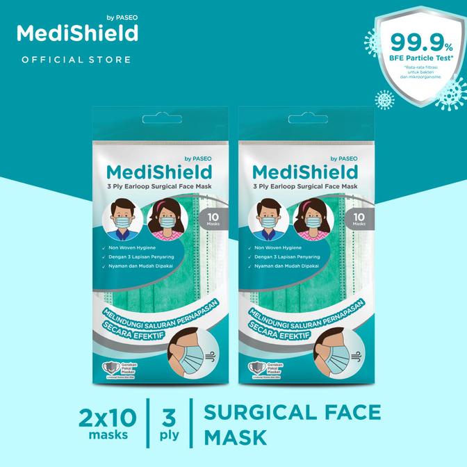 BOLEH DROPSHIP Medishield by Paseo Masker Surgical Earloop 3Ply Sachet isi 10/Sct x 2