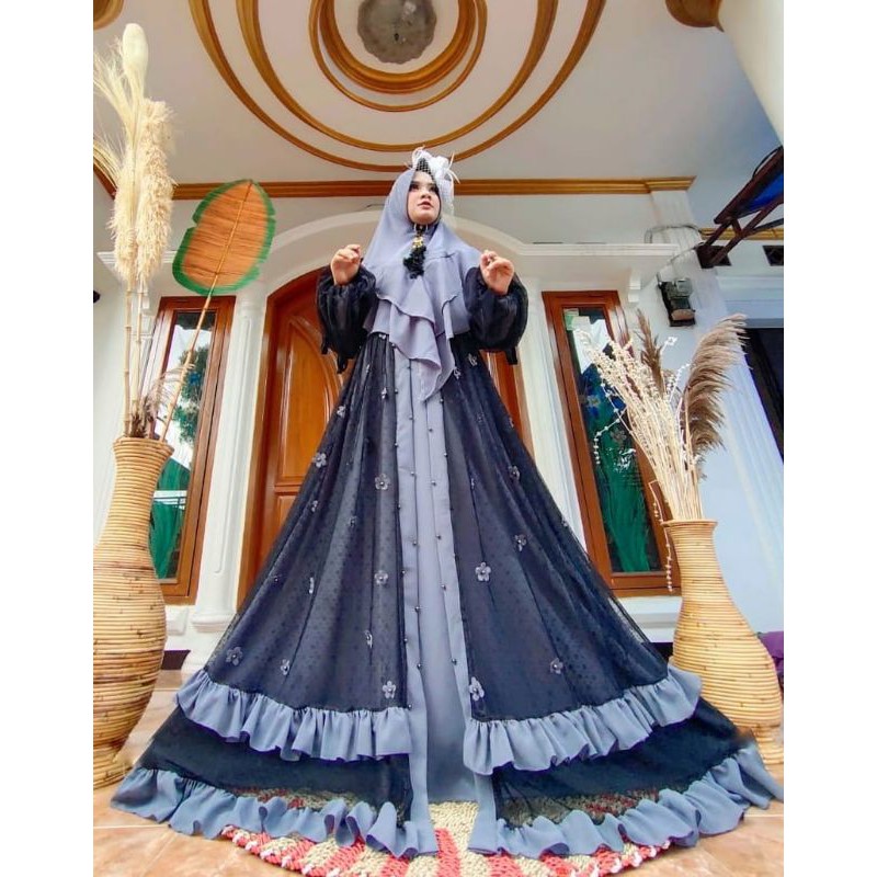 GAMIS SYAR'I MEWAH ELEGANT TERBARU BURKAT 3D MIX TILE KELILING SET KHIMAR