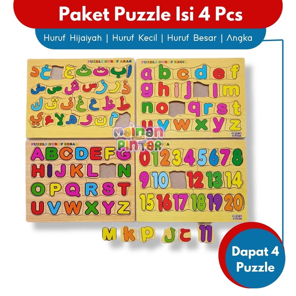 Mainan Edukasi Anak Paket Puzzle Kayu Isi 4 Huruf Hijaiyah Arab Huruf Besar Kecil Angka 0-20