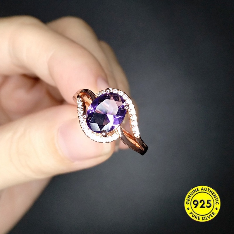 Cincin Rose Gold 18k Adjustable Dengan Batu Amethyst Mewah Untuk Wanita