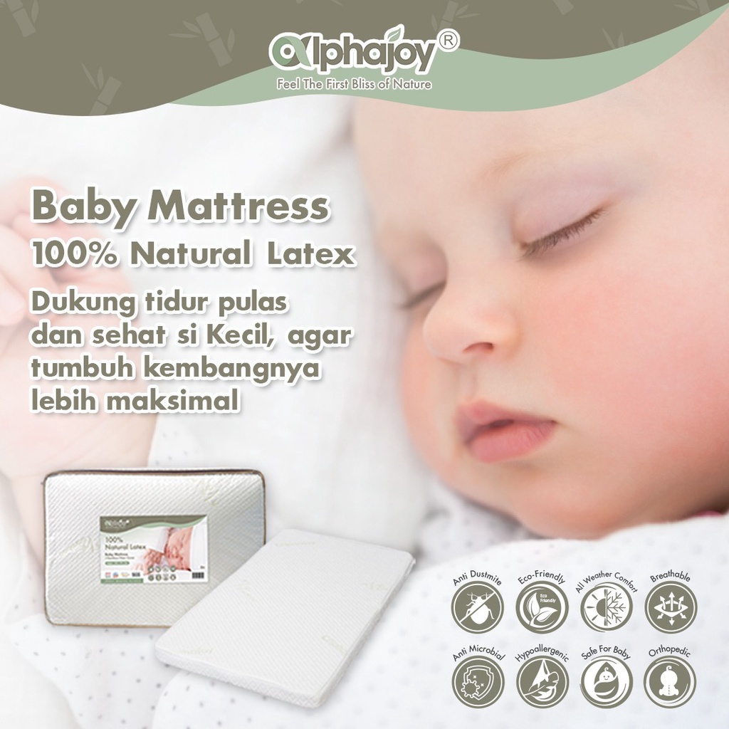 Alphajoy Baby Mattress 100% Natural Latex ukuran Medee 95 x 65 / Largee 105 x 70 / XLR 110 x 70 kasur lateks bayi anti tungau cover Bamboo anti alergi