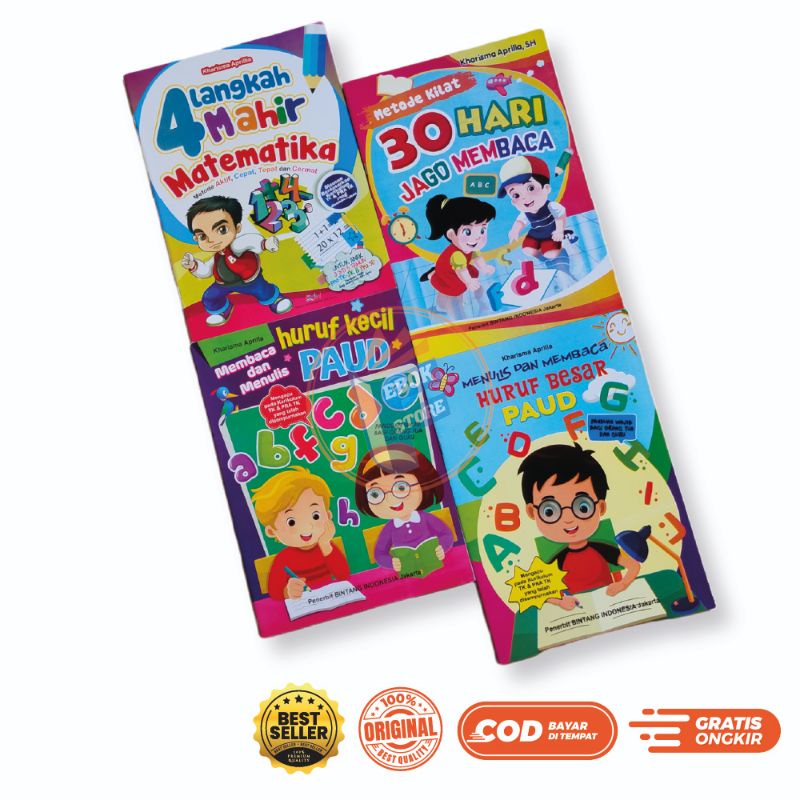 Buku belajar 30 hari jago membaca,menulis huruf besar kecil ,4 langkah mahir matematika untuk PAUD T