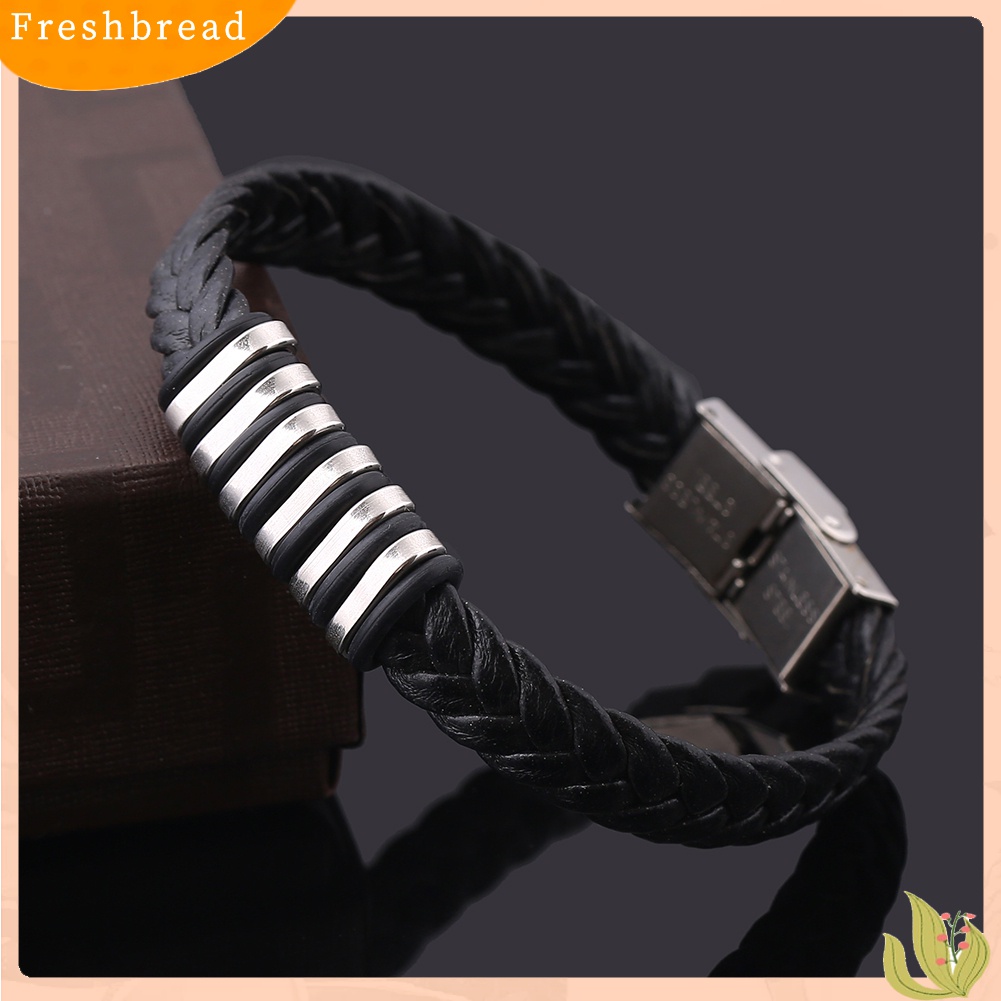 [TERLARIS]Braided Faux Leather Wristband Titanium Steel Men Bracelet Punk Bangle Jewelry