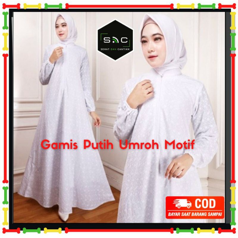Gamis Payung Baju Wanita Muslimah Putih Katun Motif Bordir Timbul Resleting Depan Busui Tangan Karet