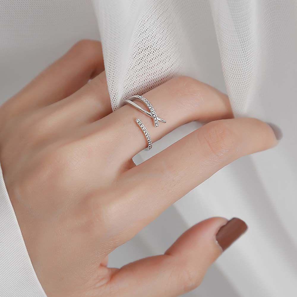 Mxbeauty Cincin Zircon Fashion Adjustable Garis Paralel Silang Warna Perak Berlian Gaya Korea