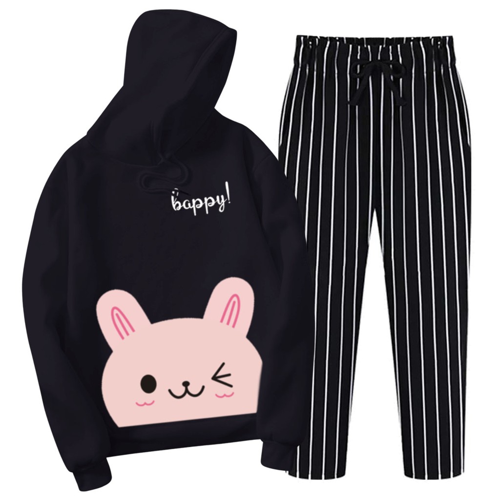 BESS - Setelan Hoodie Wanita Murah / Setelan Hoodie + Celana Salur Hitam - HAPPY CAT