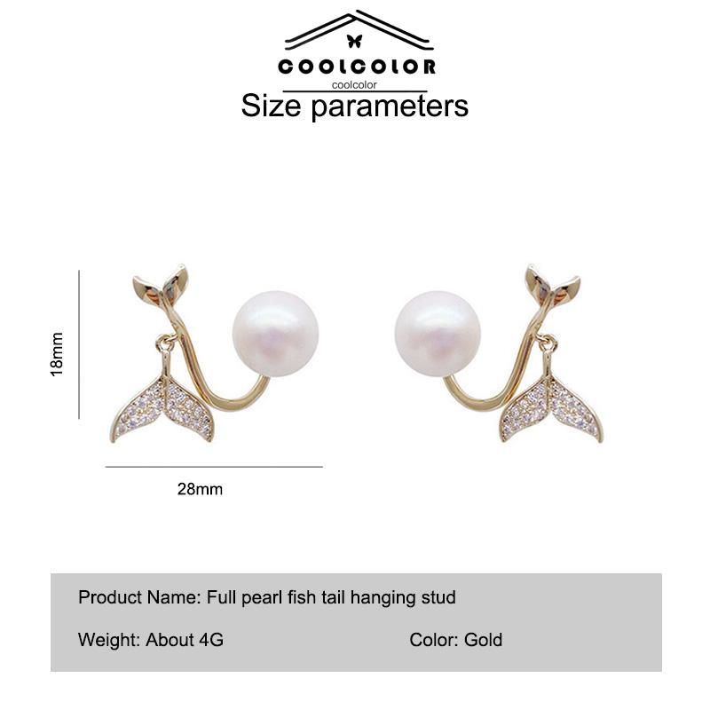 CODPearl Fishtail Back Hanging Earrings Wanita High-end Cahaya Mewah Penuh Berlian Anting Geometris- cl