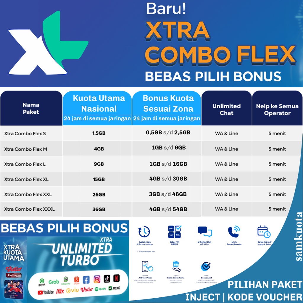XL XTRA COMBO FLEX PLUS 1,5GB 4GB 9GB 15GB 26GB 36GB 10GB 20GB 30GB 52GB 72GB