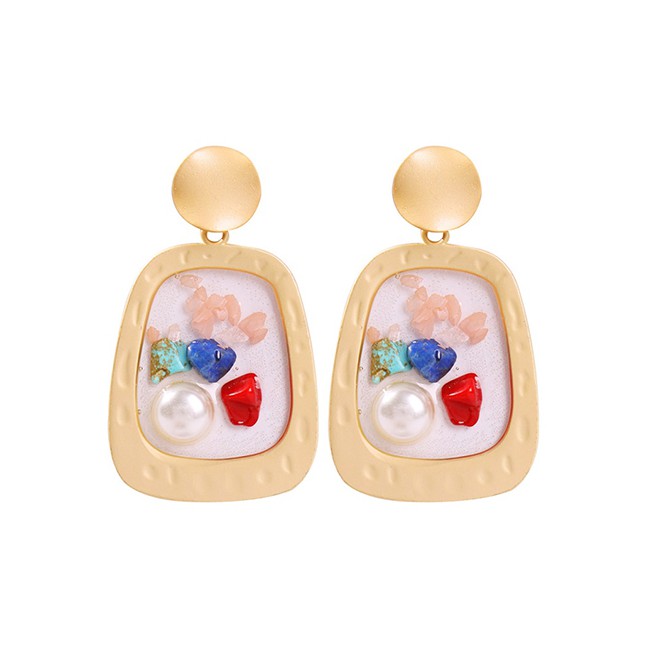 LRC Anting Tusuk Fashion Golden Circle Alloy Natural Stone Imitation Pearl Earrings F73022