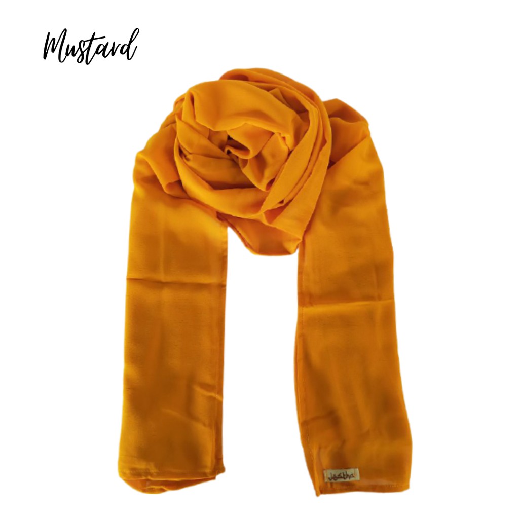 PASHMINA CERUTY PREMIUM 180x75 CM TEPI JAHIT RAPI HIJAB CERUTY PASMINA CERUTTY WARNA PART 1-MUSTARD