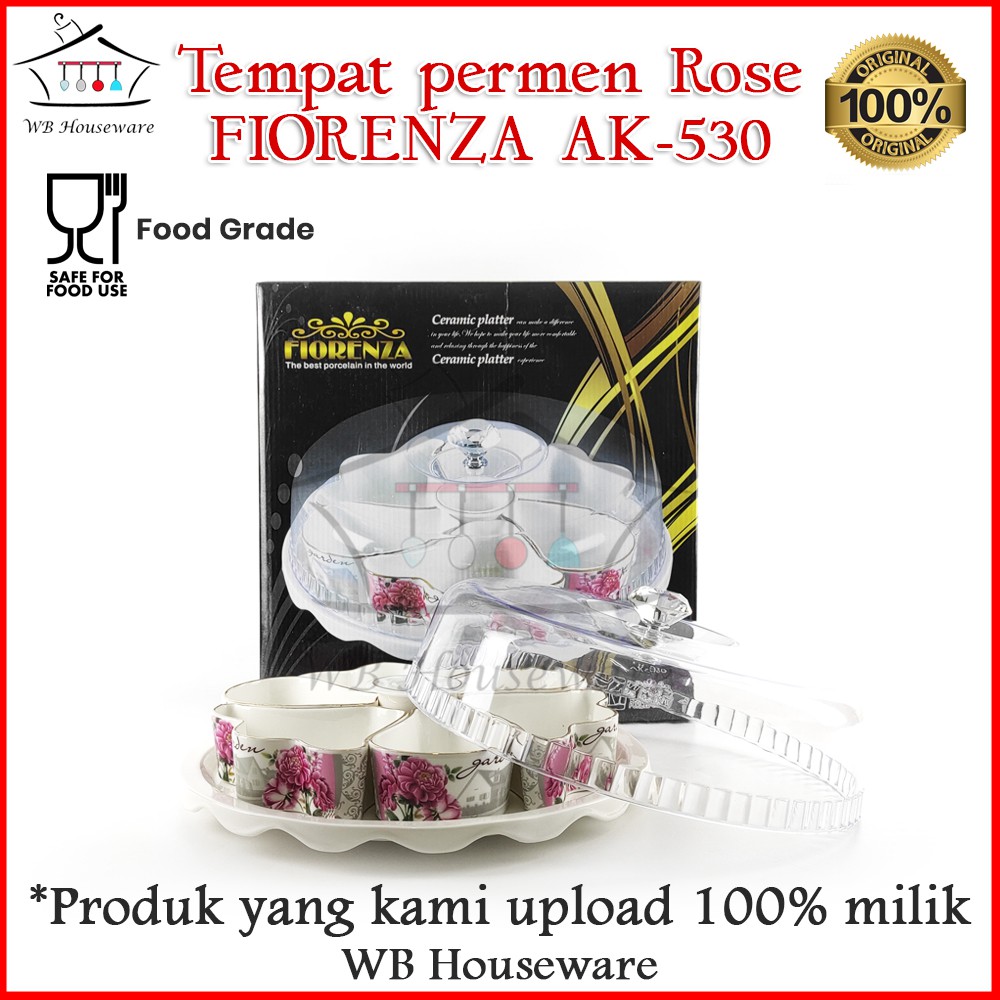 1 Set Piring Keramik Dengan Penutup / tempat permen / wadah kue saji FIORENZA AK-530 Motif rose impo
