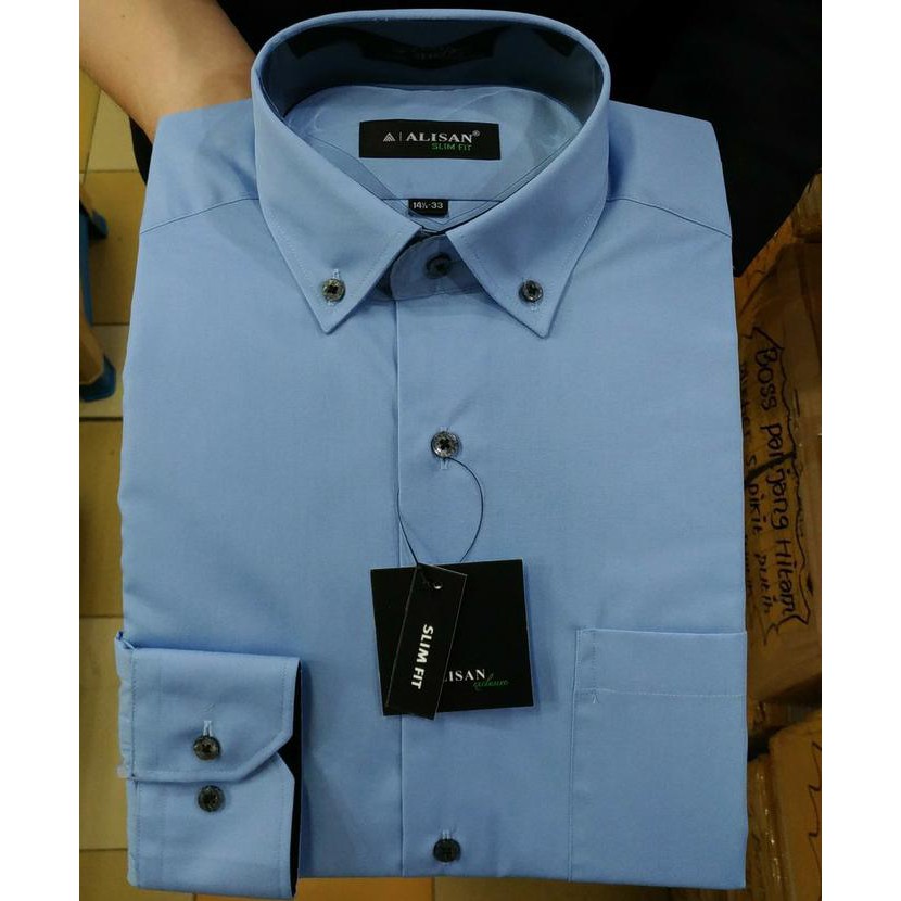 Kemeja Alisan Slim Fit Polos Panjang Kombinasi Dalam Kode B2(Biru Muda - Biru Muda, M
