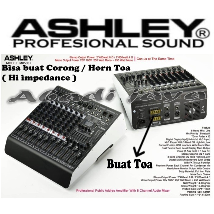 power mixer ashley m8500+ ashley m 8500+ 70v-100v dan 8 ohm