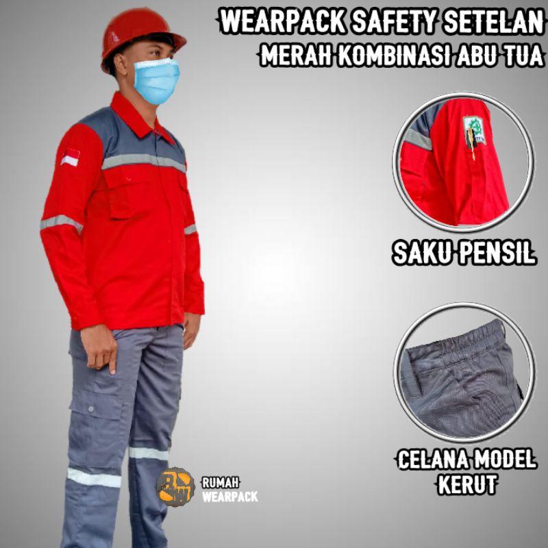 Wearpack Proyek  dan Celana Kerja Setelan Warna Merah Kombinasi Abu Tua