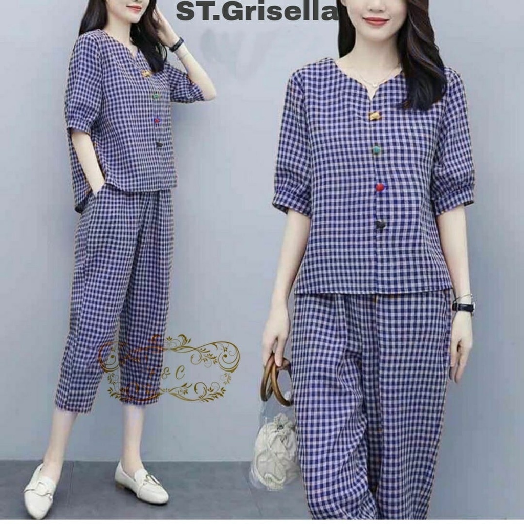 Setelan Wanita   Bahan Katun Kotak Style Korea Casual Grisella/ Fashion Wanita Set