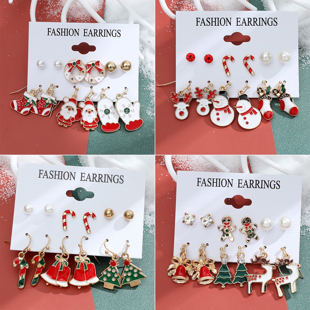 Set Anting Kombinasi Desain Kartun snowflake bell Natal Untuk Wanita