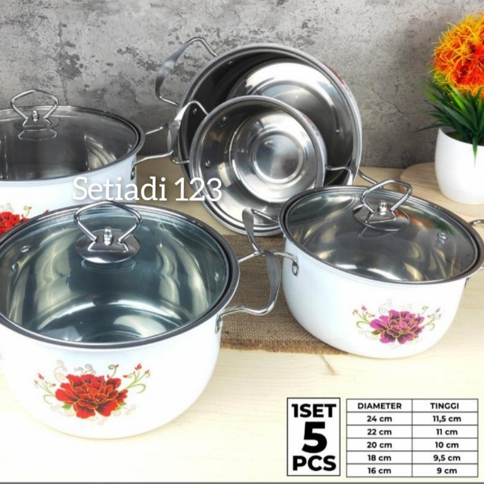 Panci Soup Pot Motif Bunga 1 Set 5 Pcs Stainless Steel