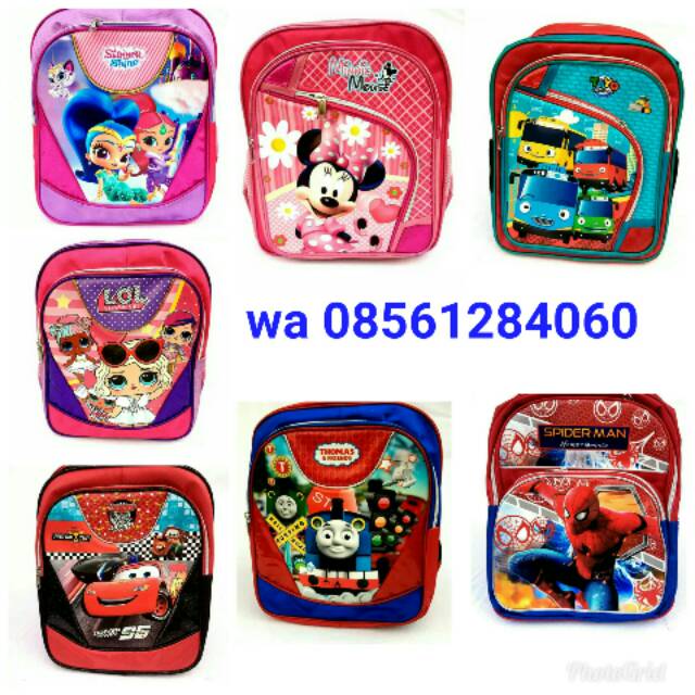 Tas sekolah ransel backpack anak PAUD TK SD karakter LOL SHIMMER AND SHINE MINNIE MOUSE list gliter