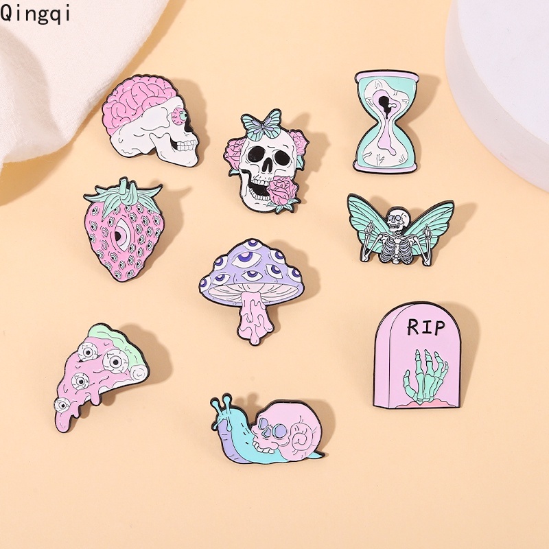 Bros Pin Enamel Desain Kartun Tengkorak Butterfly Siput Strawberry Mawar Untuk Wanita