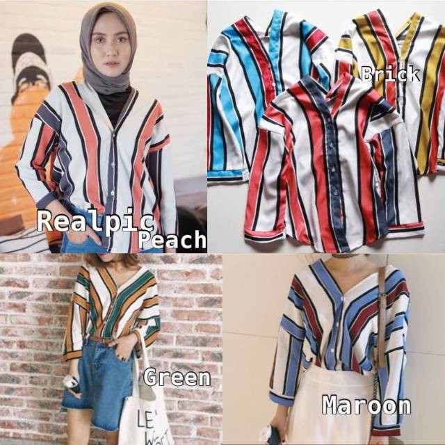 Kemeja Wanita Cewek Casual Stripe Full Color Trendy Murah Berkualitas