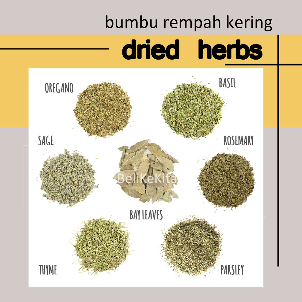 

REMPAH KERING DRIED HERBS 20GR - BASIL OREGANO - PARSLEY PETERSELI ROSEMARY - SAGE THYME BAY LEAVES