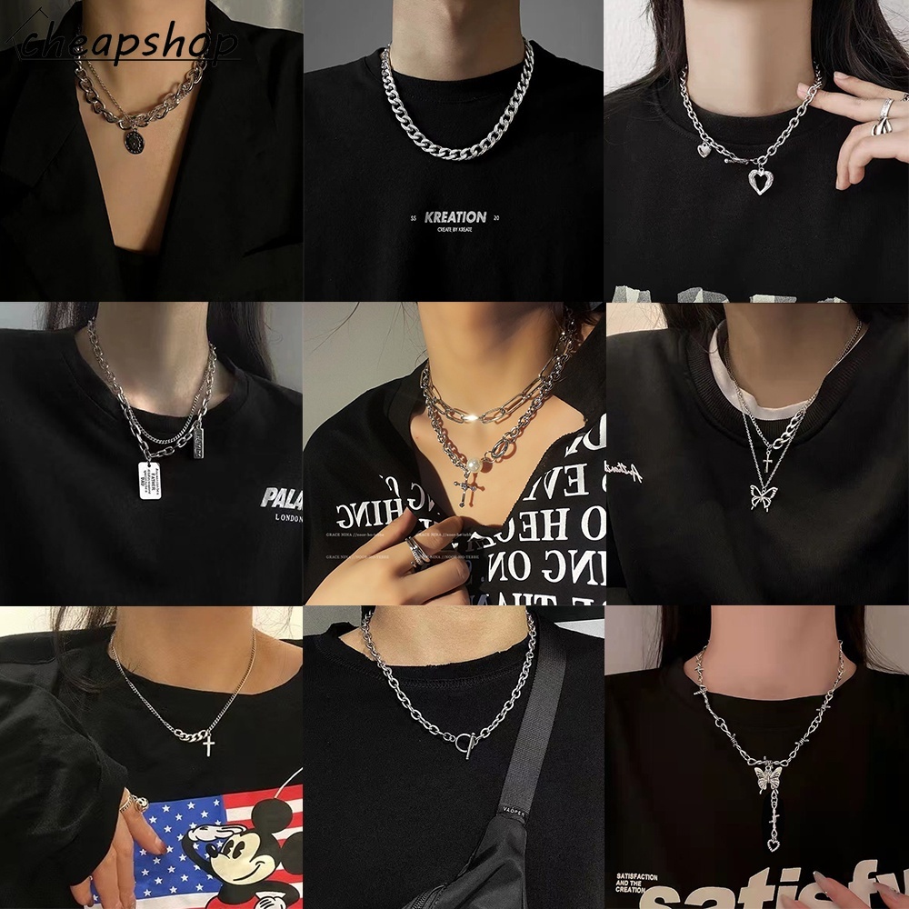 IFYOU Kalung Rantai Choker Desain Salib Hati Warna Silver Gaya Korea Untuk Pria