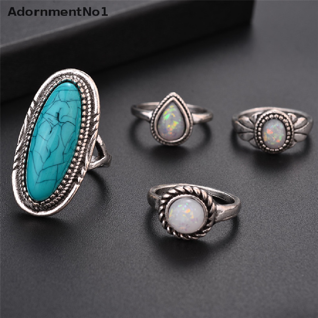 (AdornmentNo1) 8pcs / Set Cincin Silver Gaya Bohemian Aksen Batu Opal Turquoise Untuk Perhiasan Wanita