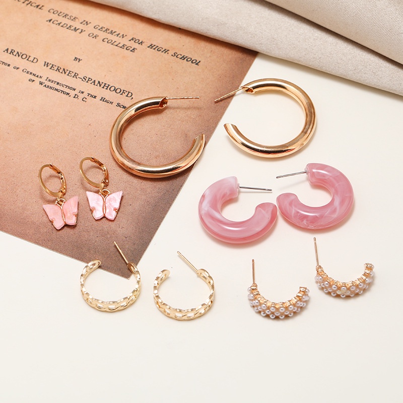 5pcs / Set Anting Rumbai Desain Kupu-Kupu Aksen Mutiara Gaya Korea Untuk Wanita