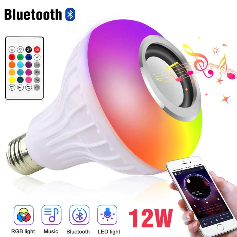 Bohlam LED RGB Plus Speaker bluetooth Plus Remote, 12W 220V , Lampu Kamar, Lampu Tidur, lampu hias pintar HP smartphone aksesoris 12W RGBW E27 Music RGB Color Changing Light Bulb Bluetooth Speaker Multicolor Decorative Bulb with Remote Control for Party