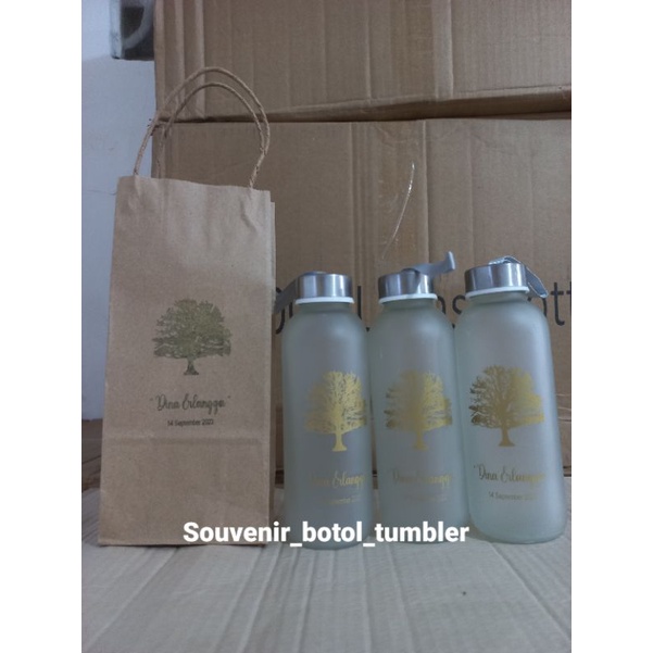 Souvenir botol tumbler kaca minum dove 420ml custom sablon kemas  paper bag coklat SOUVENIR PERNIKAH